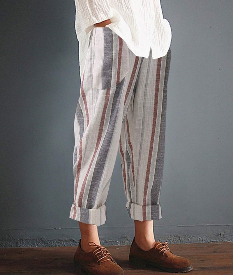 woobles Womens Striped Linen Pants Elastic Waist Cropped Trousers Capri - Image 1